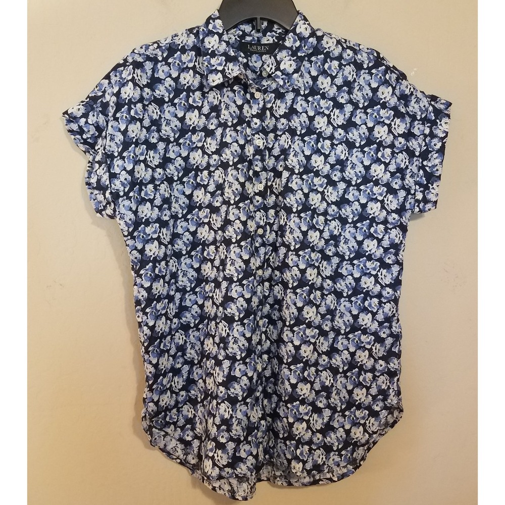 Lauren Ralph Lauren Black Label Linen Shirt Women Medium M Blue Floral Button